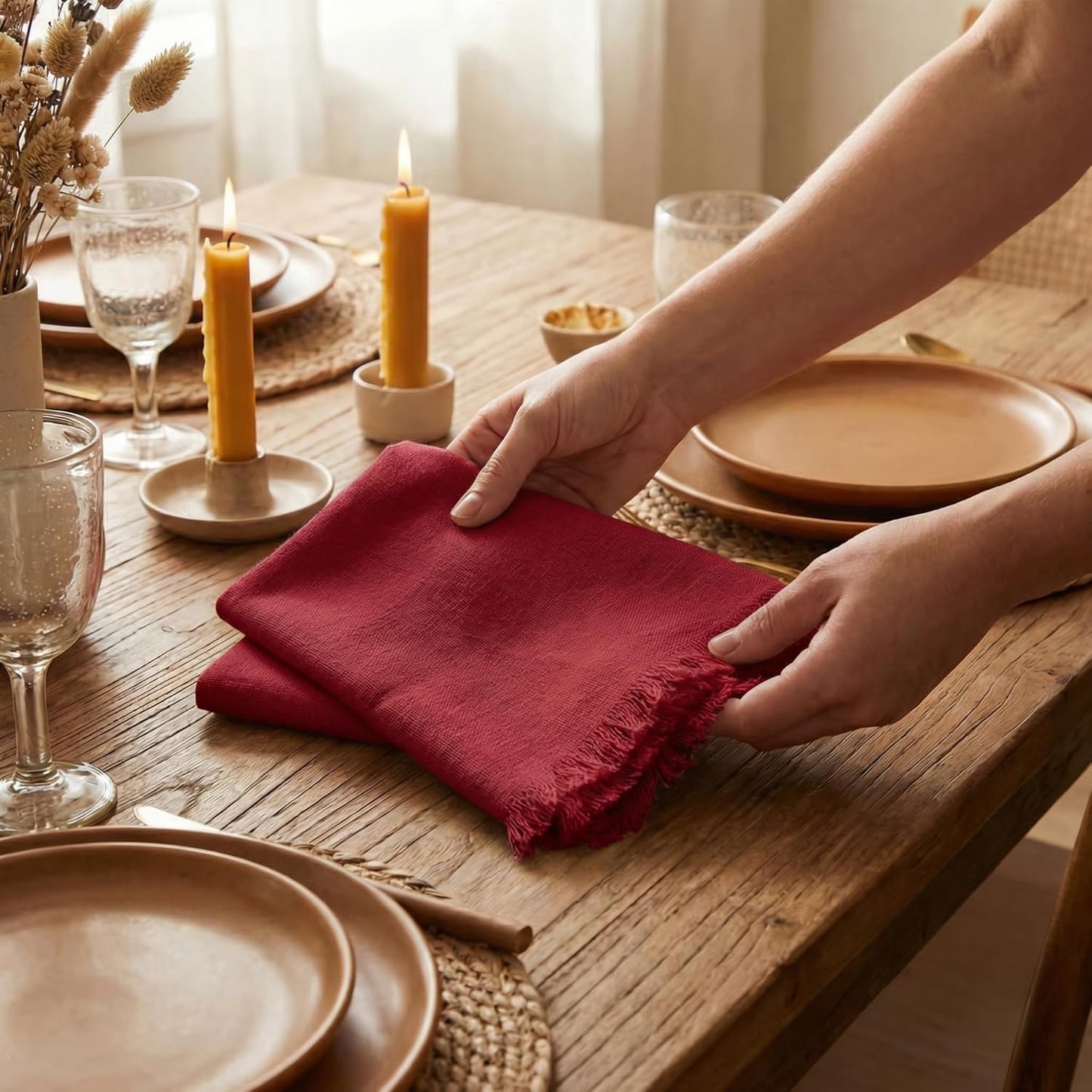 ACCENTHOME Natural Cotton Linen Napkin Set of 12 18x18 inch Dinner Napkins - Washable Soft Premium Hotel Quality Reusable Hemmed Edges Napkins Perfect Table Linens for Family Dinners, Weddings
