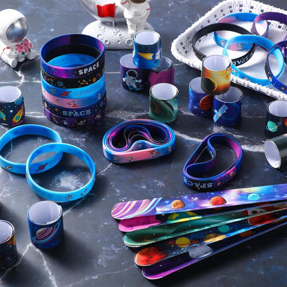 Realspring 48 Pcs Outer Space Party Favors 24 Space Slap Bracelets 24 Silicone Wristbands Galaxy Astronaut Bracelets Bulk for Kids Classroom Rewards Stars Solar System Planet Birthday Party Supplies