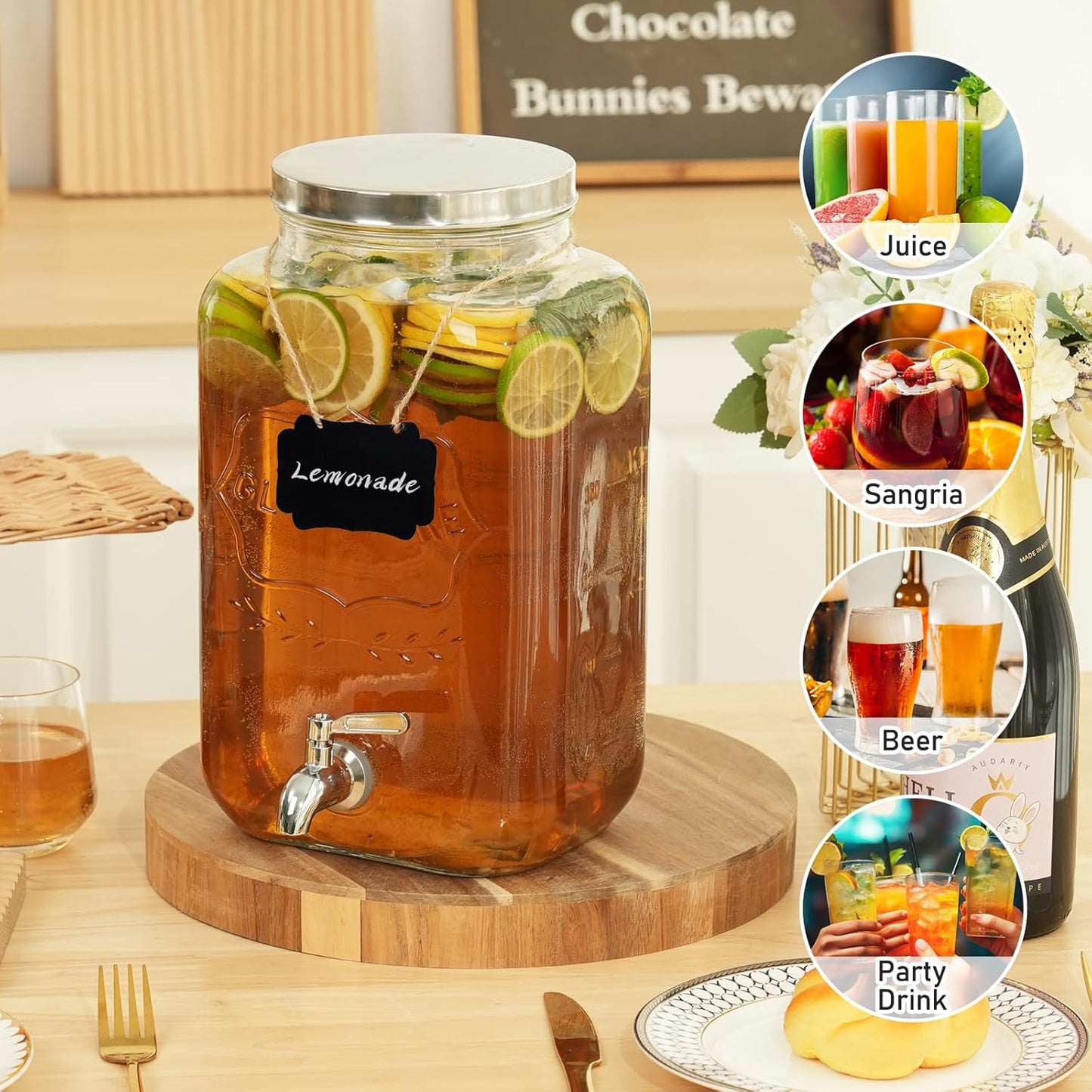 Bululuo Glass Drinks Dispenser for Parties, 2 PACK 1 Gallon Beverage Dispenser with Stand for Juice and Iced Tea, Water Jug Dispenser for Lemonade, Party Essential Beverage Pitcher with Spout