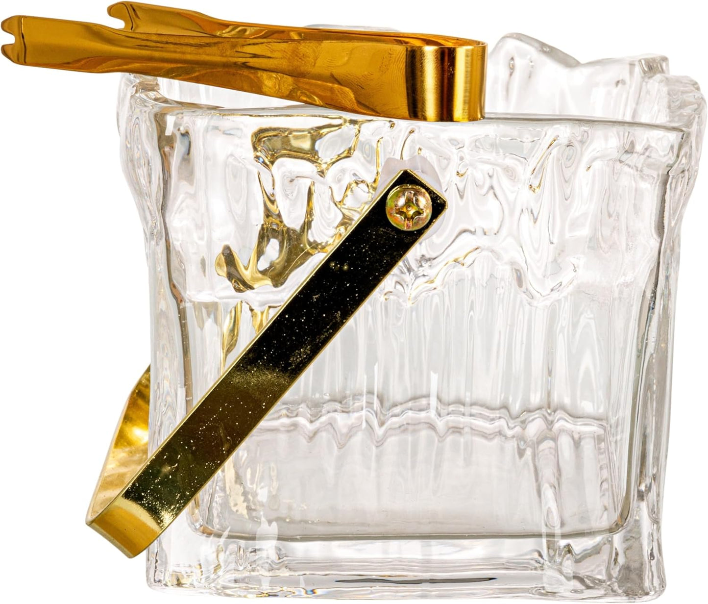 Creative Co-Op 24-Ounce Textured Glass Ice Bucket with Gold Finish Handle and Tongs, Clear/Gold