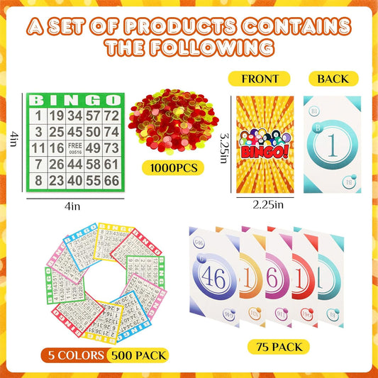 Complete Bingo Card Game Set, 500 Bingo Cards, 1000 Colorful Chips, 75 Calling-Cards with Storage Bag Kit Bulk for Adults Large Groups Family Game Nights Parties Gatherings Activities