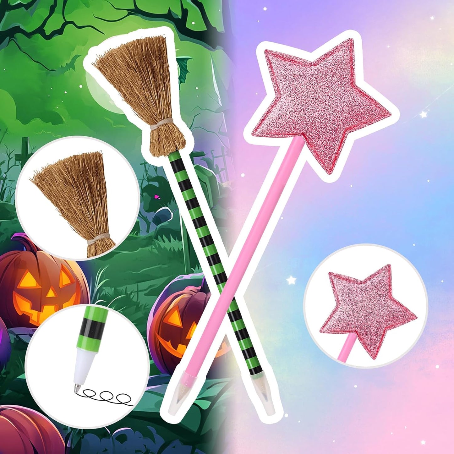 18Pcs Princess and Witch Party Favors with Star Ballpoint Star Pencil Witch Broom Ballpoints Broom Pencils Glitter Mini Spiral Notepads for Party Supplies Decorations