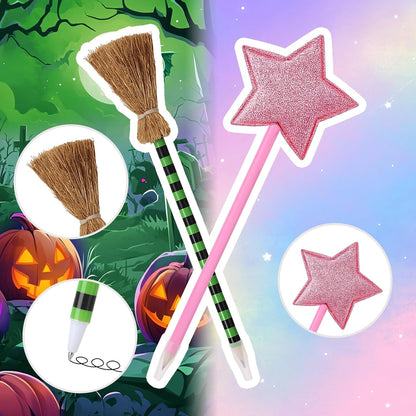 18Pcs Princess and Witch Party Favors with Star Ballpoint Star Pencil Witch Broom Ballpoints Broom Pencils Glitter Mini Spiral Notepads for Party Supplies Decorations