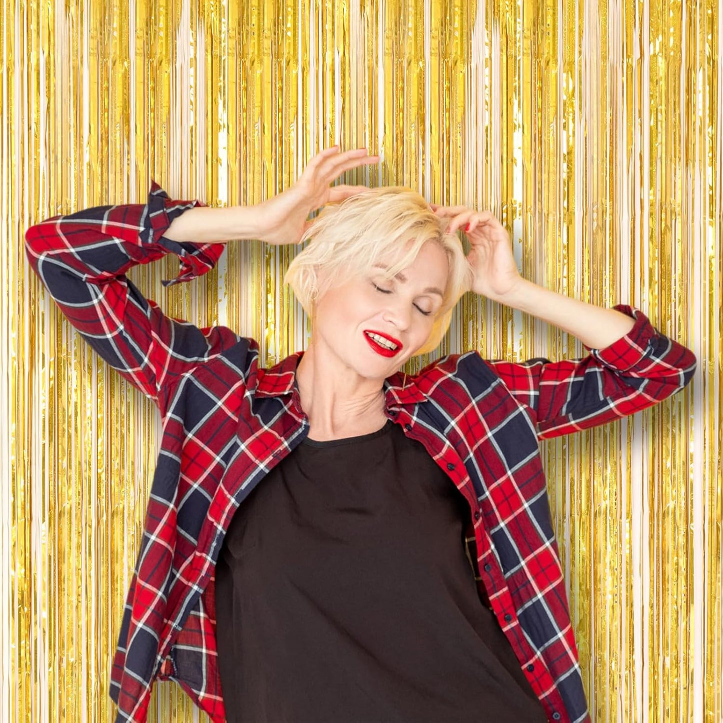 Voircoloria 3 Pack 3.3x8.2 Feet Gold Foil Fringe Backdrop Curtains, Tinsel Streamers, Fringe Backdrop for 2025 New Years Eve, Graduation, Birthday, Baby Shower, Gender Reveal, Disco Party - Colors B