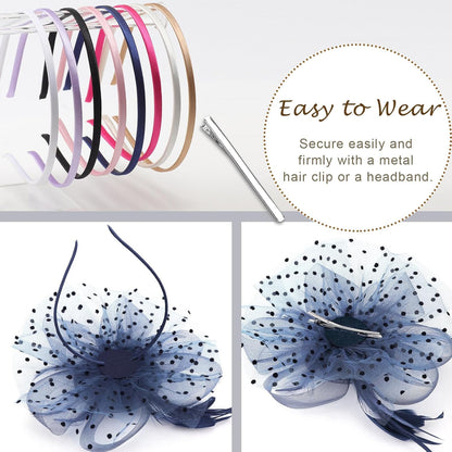 DRESHOW Fascinators Hat Flower Mesh Ribbons Feathers on a Headband and a Clip Tea Party Headwear for Girls and Women - Colors A