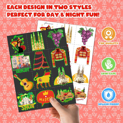 96 PCS Spain Party Favors Set – 72 Pre-Cut Temporary Tattoos & 24 Slap Bracelets, Perfect for Flamenco Parties & Travel-Inspired Celebrations