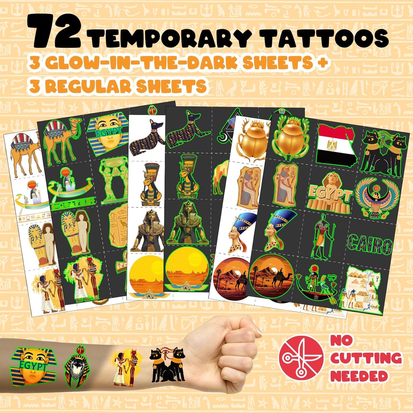 96 PCS Ancient Egypt Party Favors Set – 72 Pre-Cut Temporary Tattoos & 24 Slap Bracelets, Perfect for Egyptian-Themed Events, Travel-Inspired & Ancient History Gifts