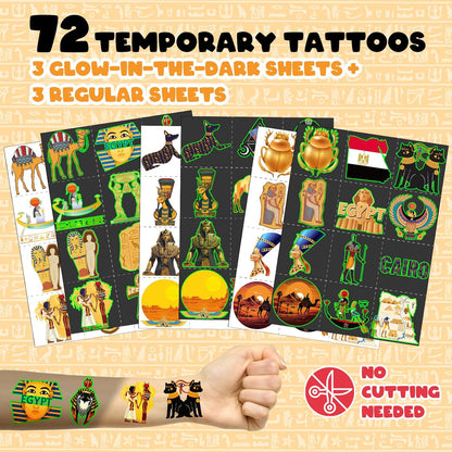 96 PCS Ancient Egypt Party Favors Set – 72 Pre-Cut Temporary Tattoos & 24 Slap Bracelets, Perfect for Egyptian-Themed Events, Travel-Inspired & Ancient History Gifts