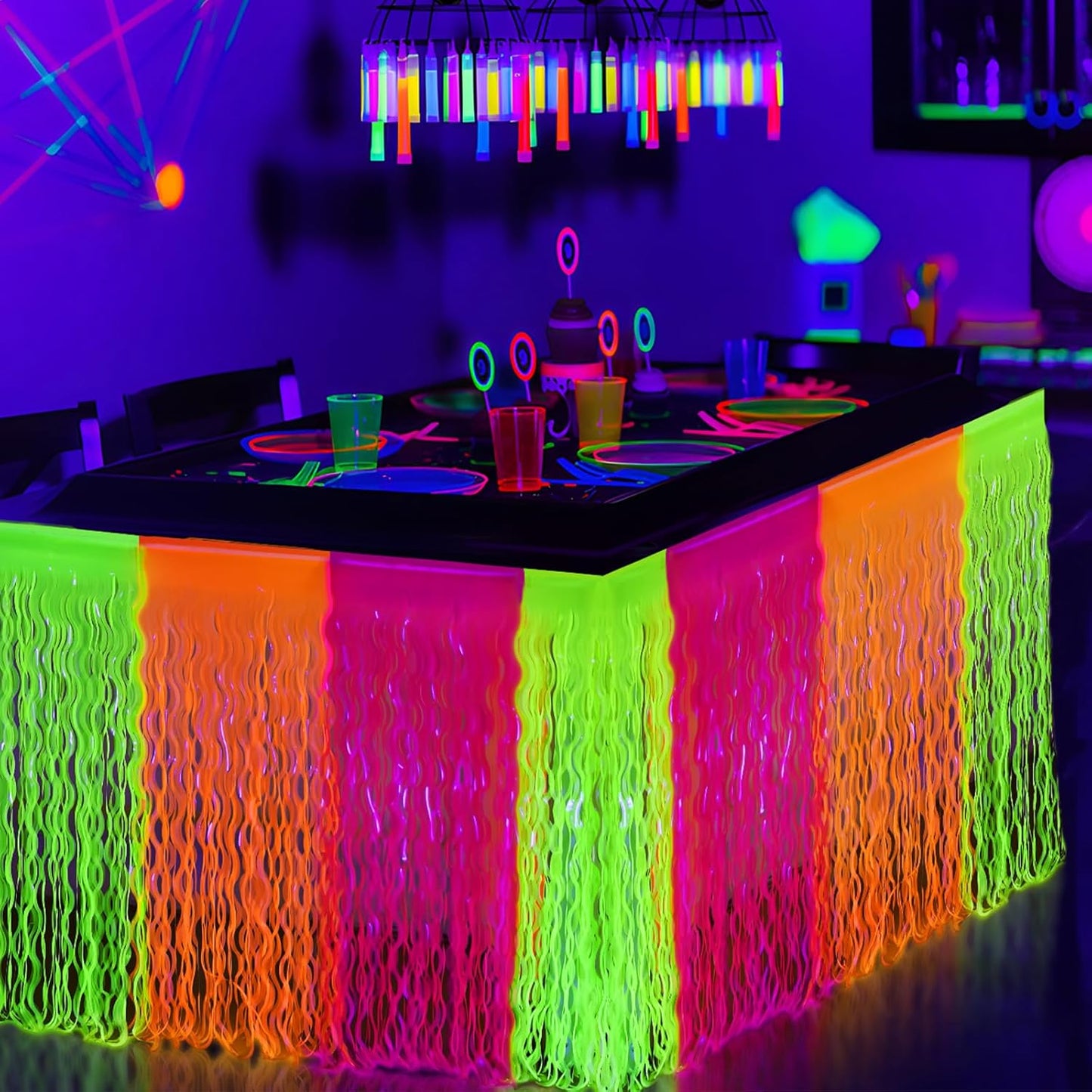 Mega-L Glow in The Dark Party Supplies, 2 Pack Neon Party Decorations Fluorescent Macaron Orange, Yellow and Fuchsia Wavy Metallic Tinsel Foil Fringe Table Skirts, Perfect Glow Birthday Party Decor