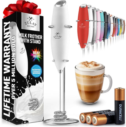 Zulay Kitchen Powerful Milk Frother Wand With Duracell Batteries - Ultra Fast Handheld Drink Mixer - Electric Whisk Foam Maker for Coffee, Lattes, Cappuccino & Matcha - Z1 Motor - Black - Colors A