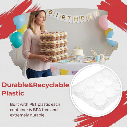 Hedume 12 Pack Cupcake Carrier, 12 Counts Stackable Cupcake Boxes, Clear Cupcake Container with Detachable Lid for Cupcakes, Muffin, BPA-free