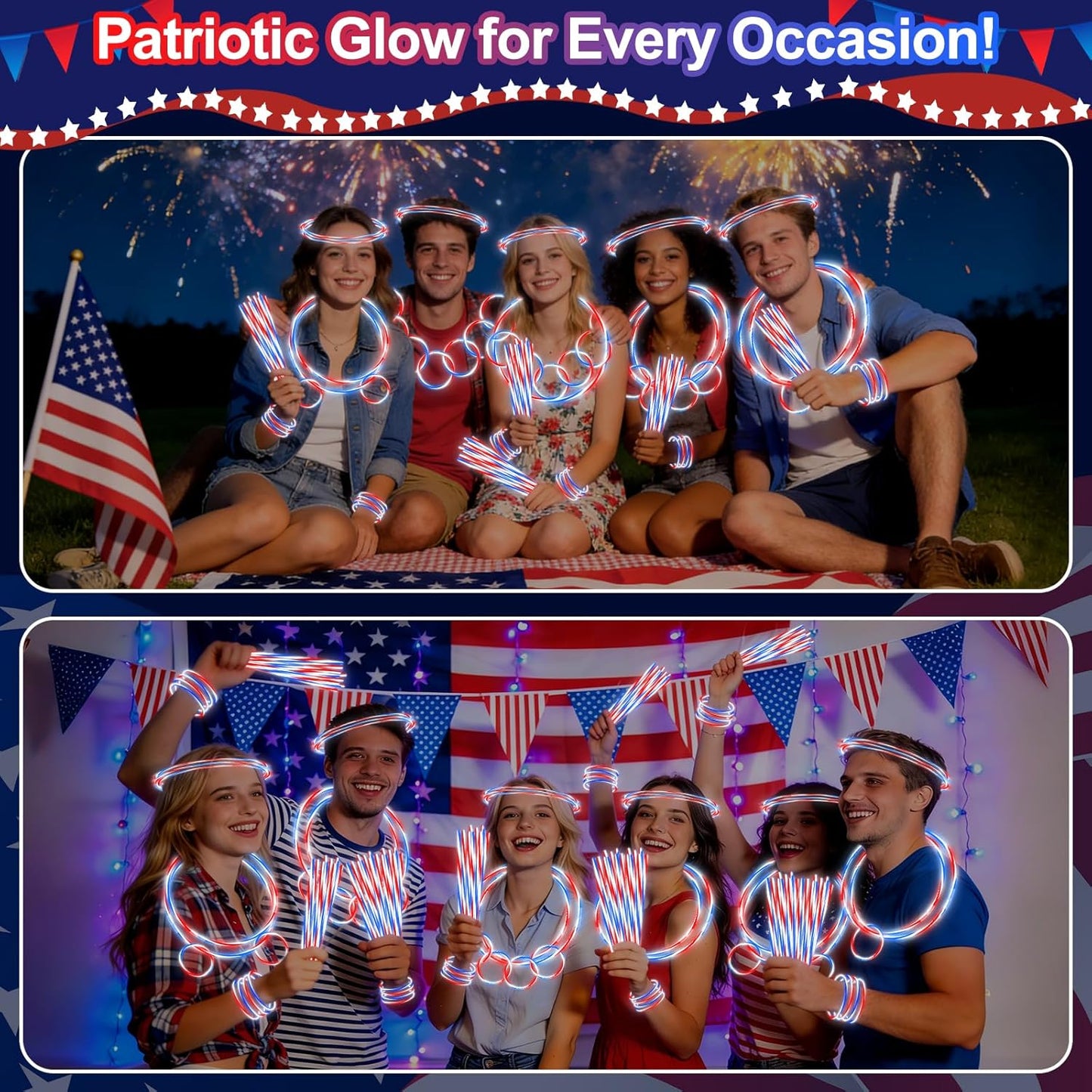 200 PCS 4th of July Glow Sticks Bulk with Connectors,Red White Blue 3 Colors In 1 Glow in The Dark Stick, Light Up Bracelets & Necklaces for Kids & Adults, 250th Anniversary USA Party Favor Supplies