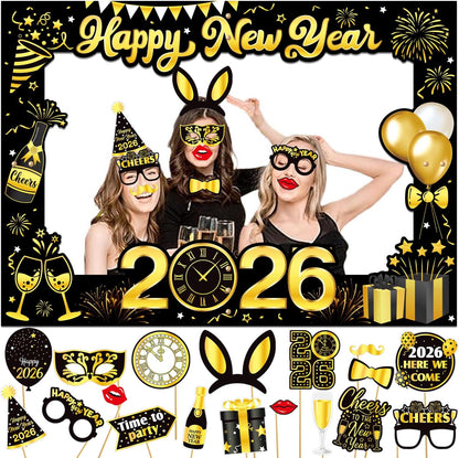 New Years Eve Decorations 2026, Giant Happy New Year Selfie Frame, 18pcs New Year Photo Booth Props, Happy New Year Decorations 2026, Funny New Year Eve Party Supplies 2026