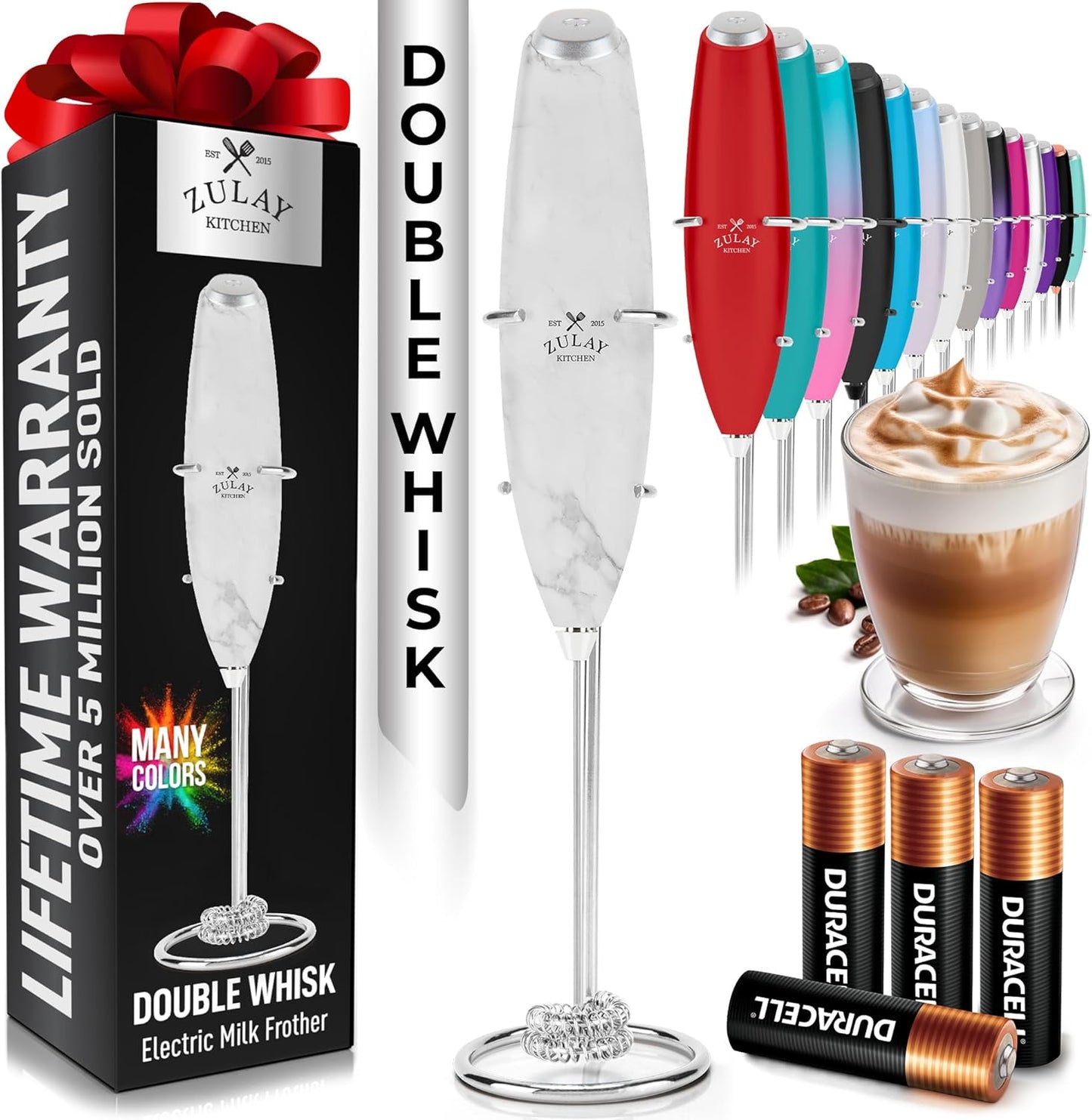 Zulay Kitchen Powerful Milk Frother Wand With Duracell Batteries - Ultra Fast Handheld Drink Mixer - Electric Whisk Foam Maker for Coffee, Lattes, Cappuccino & Matcha - Z1 Motor - Black - Colors B