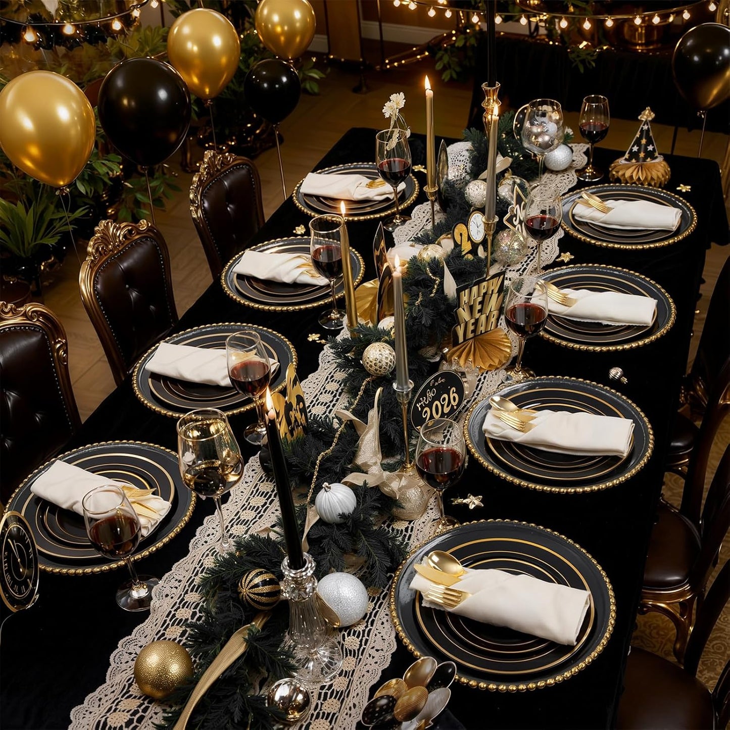 350 Pieces Black and Gold Plastic Plates with Disposable Silverware, Include 50 Dinner Plates 9”, 50 Dessert Plates 6.3”, 50 Black Cups 9 OZ, 50 Pre Rolled Napkins for Wedding Party Graduation