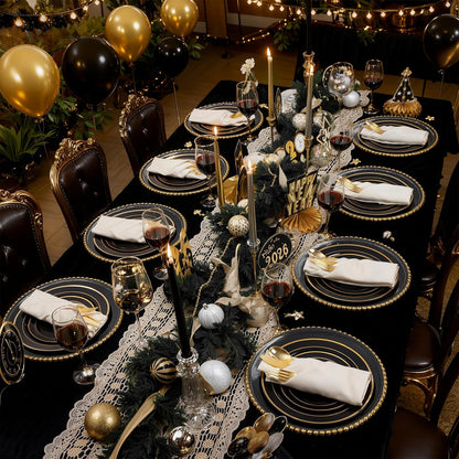 350 Pieces Black and Gold Plastic Plates with Disposable Silverware, Include 50 Dinner Plates 9”, 50 Dessert Plates 6.3”, 50 Black Cups 9 OZ, 50 Pre Rolled Napkins for Wedding Party Graduation