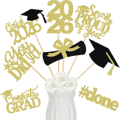 24Pcs 2026 Graduation Table Centerpieces Gold, Graduation Centerpieces for Tables 2026 Gold Class of 2026 Graduation Centerpiece Sticks for 2026 Graduation Party Table Decorations Gold