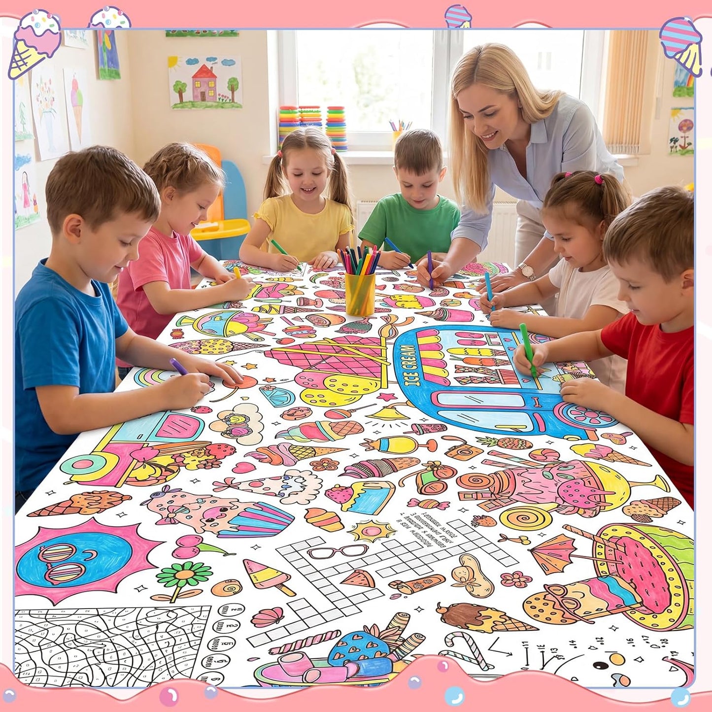 Happy Birthday Giant Coloring Poster/Tablecloth, 30 x 72 Inch Birthday Craft for Kids Art Crafts Paper Banner Kid Games Activities,Coloring Tablecloth Crafts for Classroom Wall School Home Parties