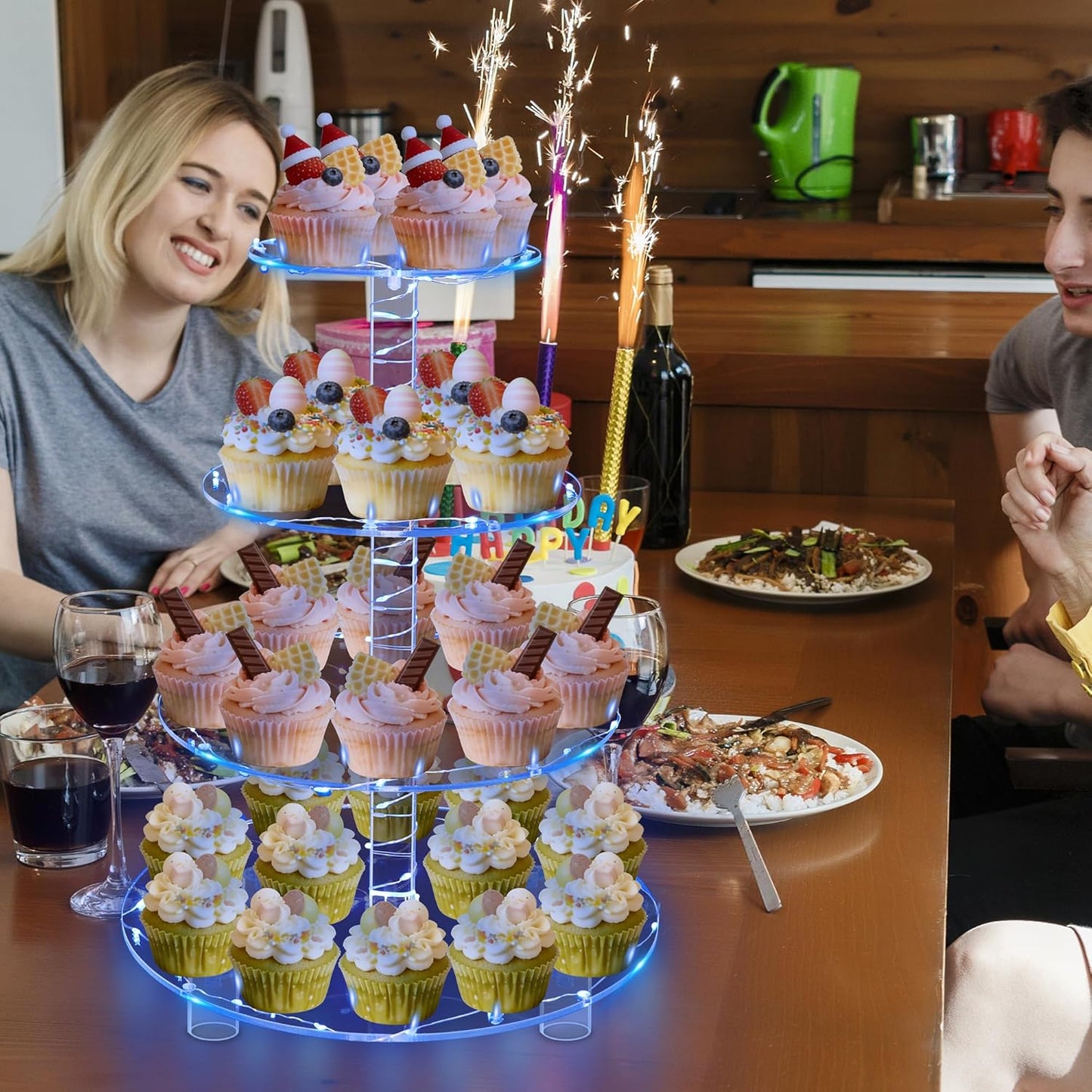 YestBuy Cupcake Stand with Yellow Led Lights, 4 Tier Cupcake Stand for 50 Cupcakes, Acrylic Cupcake Tower Stand, Clear Tiered Cupcake Holder for Birthday Cady Bar Décor Weddings, Parties Events