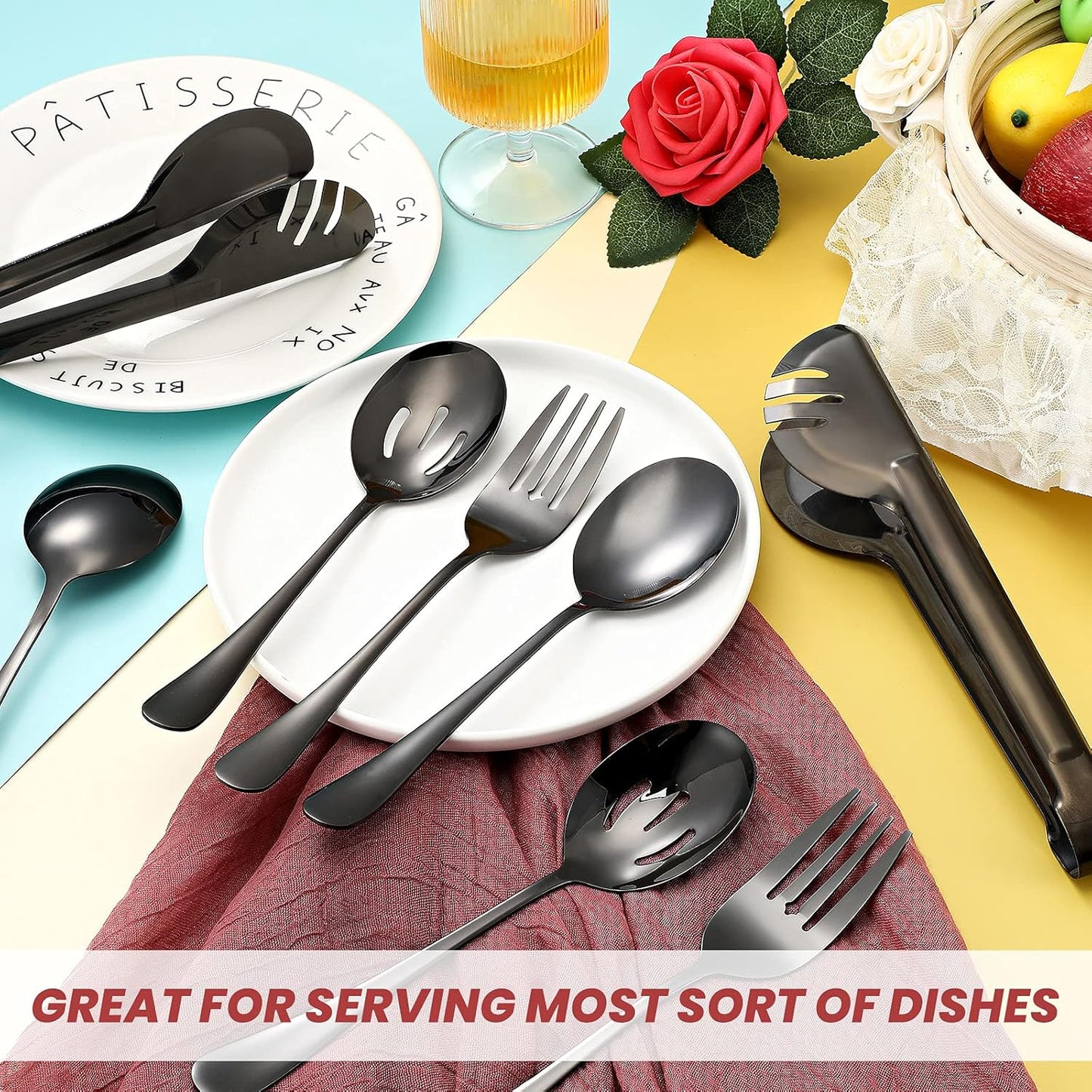 Patelai 15 Pcs Black Stainless Steel Serving Utensil Set 8.7" Large Spoons and Slotted Spoon 9.45" Tong 9" Forks Flatware Wedding Party Restaurant Cooking Kitchen Holiday Buffet Banquet Catering Hotel