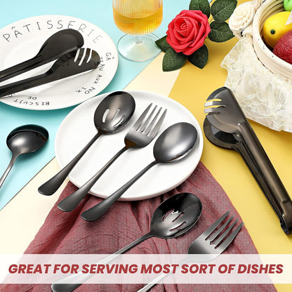 Patelai 15 Pcs Black Stainless Steel Serving Utensil Set 8.7" Large Spoons and Slotted Spoon 9.45" Tong 9" Forks Flatware Wedding Party Restaurant Cooking Kitchen Holiday Buffet Banquet Catering Hotel
