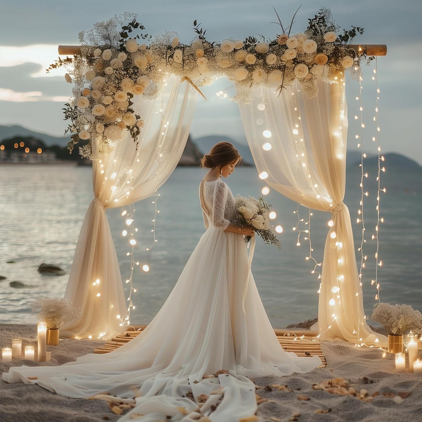 Fomcet Tulle Backdrop Curtains with Lights String White 10FT X 8FT Sheer Curtain with Lights Tulle Curtains Backdrop for Wedding Birthday Party Baby Shower Photo Shoot (2 Panels 5x8FT)