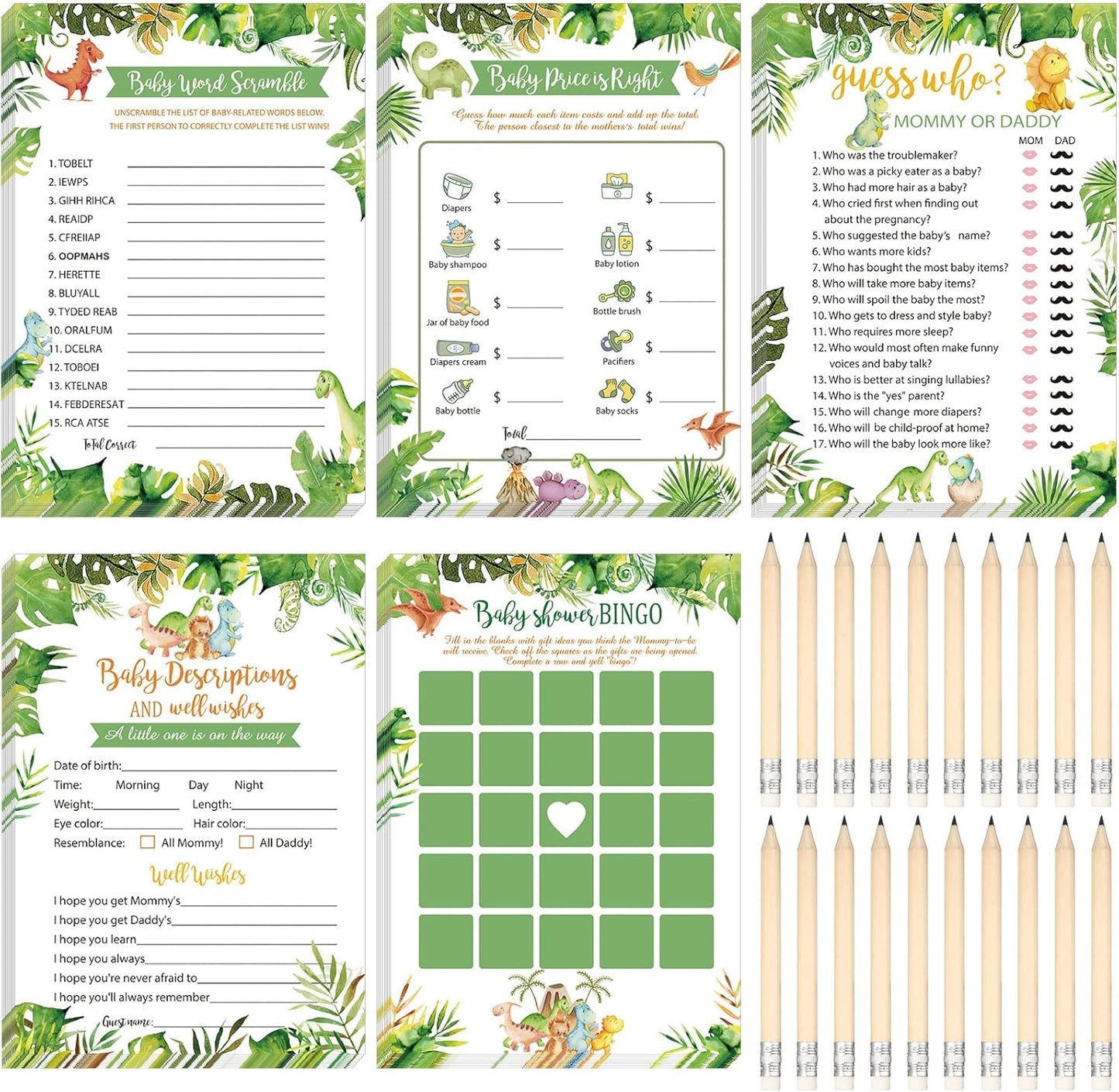 Yinder 145 Pcs Baby Shower Games Activities Cards with 20 Pencils Includes Baby Bingo Description and Wishes Guess Who Price is Right Word Scramble Game(Here Comes the Son)