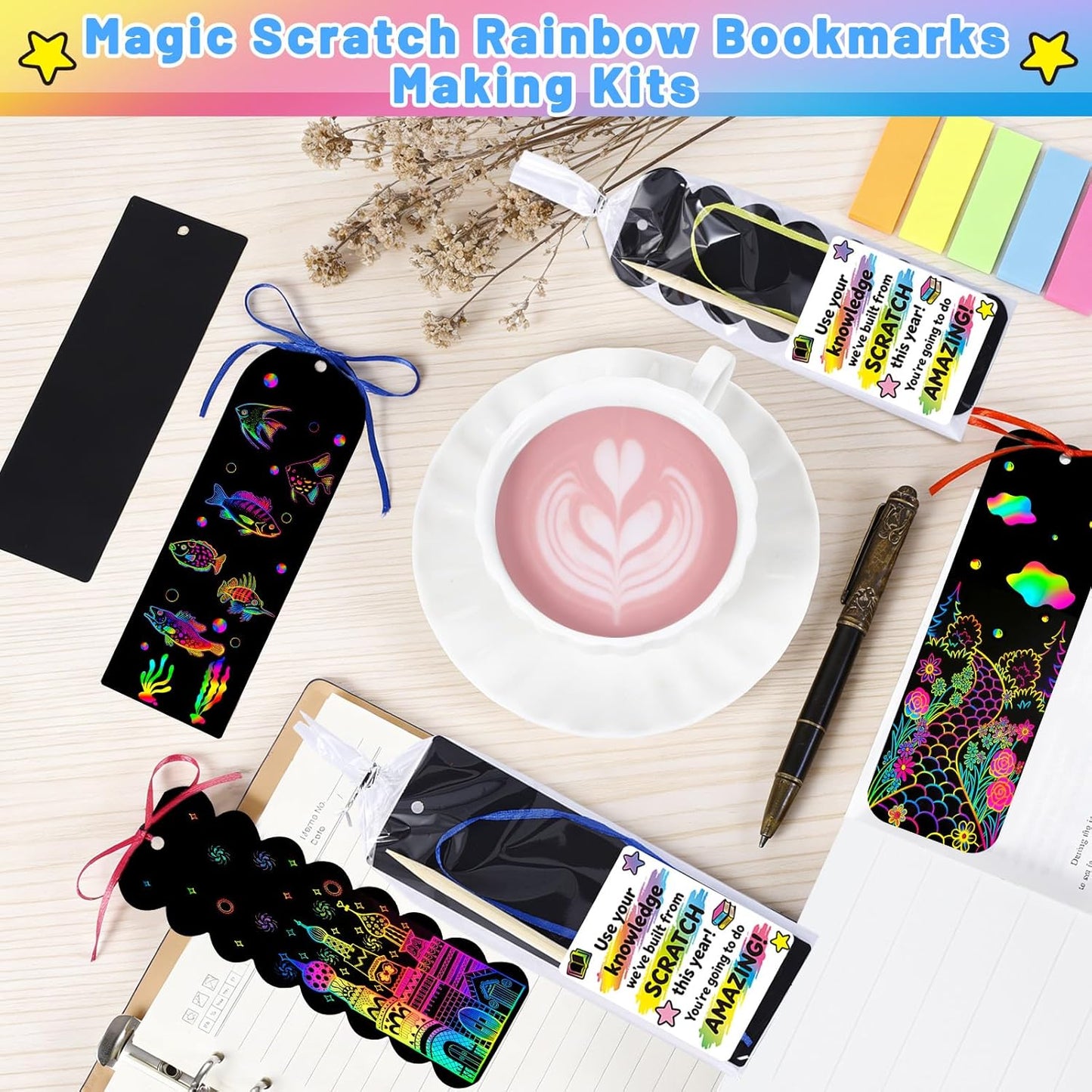 60 Set End of Year Gifts Magic Scratch Rainbow Bookmarks Making Kit, Scratch Paper DIY Bookmarks with Bamboo, Scratch Art Bookmark Craft for School Party Favor
