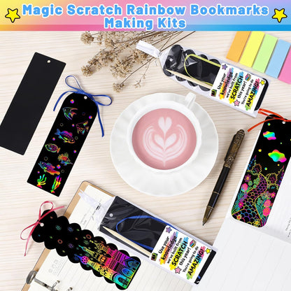 60 Set End of Year Gifts Magic Scratch Rainbow Bookmarks Making Kit, Scratch Paper DIY Bookmarks with Bamboo, Scratch Art Bookmark Craft for School Party Favor