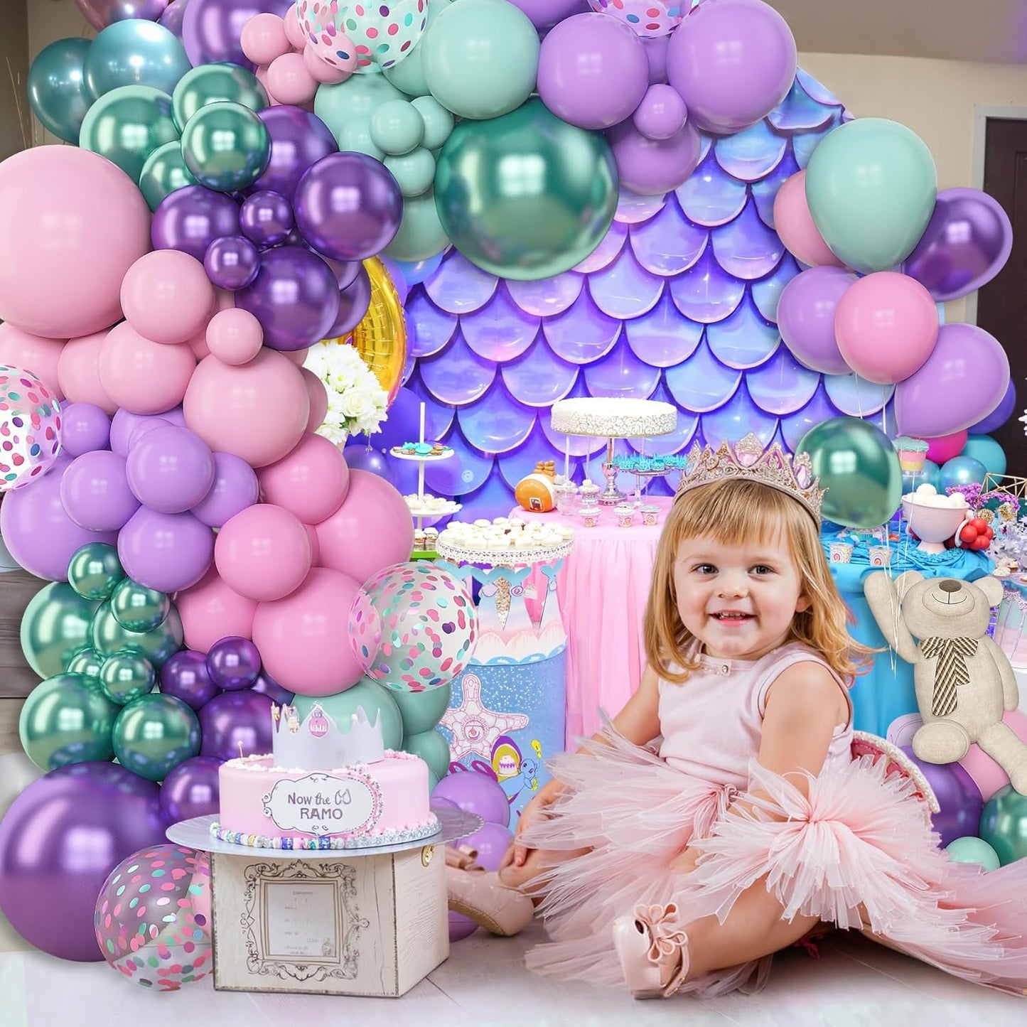 Amandir 153pcs Purple Blue Pink Balloon Garland Arch Kit, Different Sizes 18 12 10 5 inch Teal Yellow Latex Metallic Confetti Balloons for Magic Birthday Engagement Party Decoration