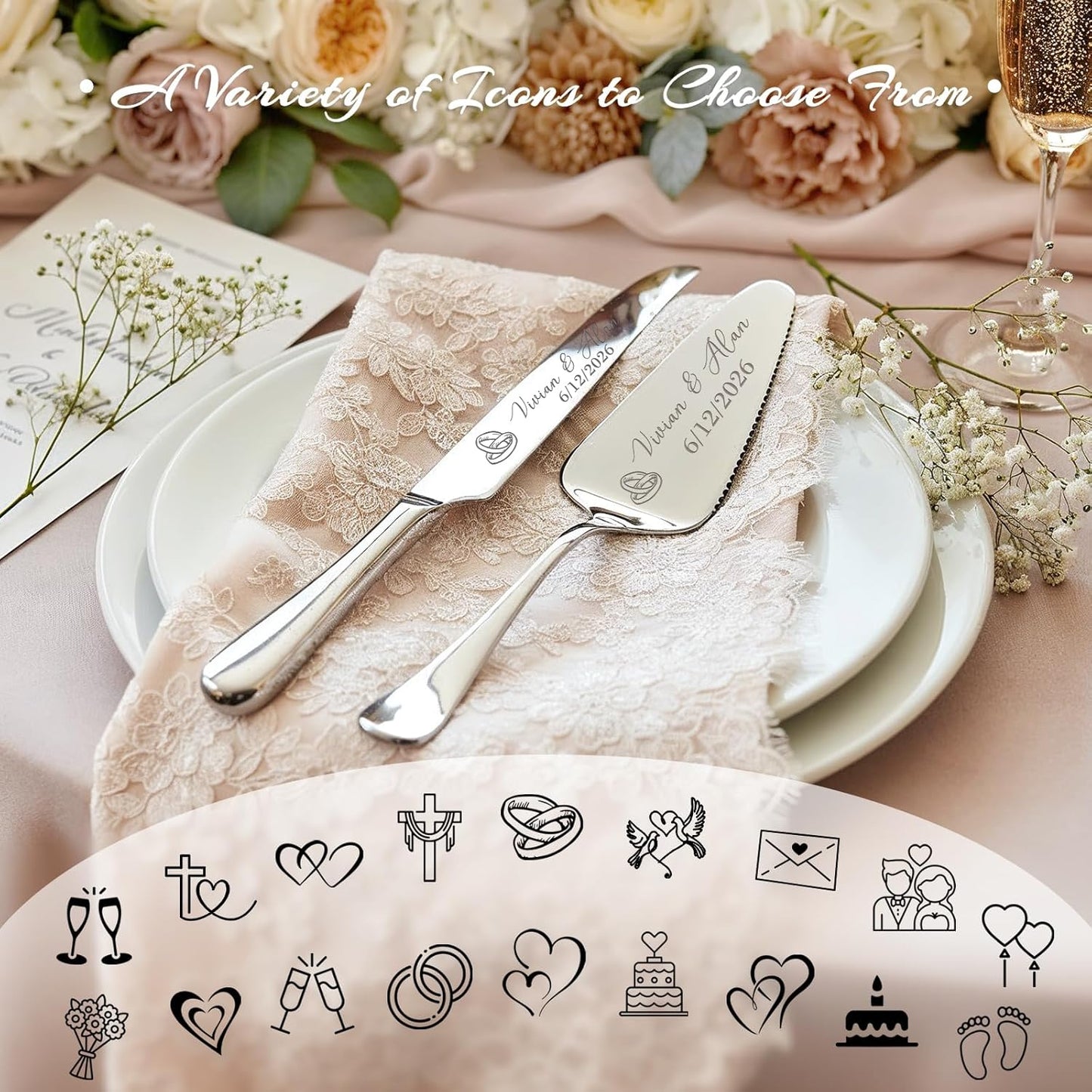 Personalized Wedding Cake Knife and Server Set, Custom Engraved Cake Cutting Set with Name Date, Customized Wedding Gifts for Birthday Bride & Groom (2 - Piece Set)