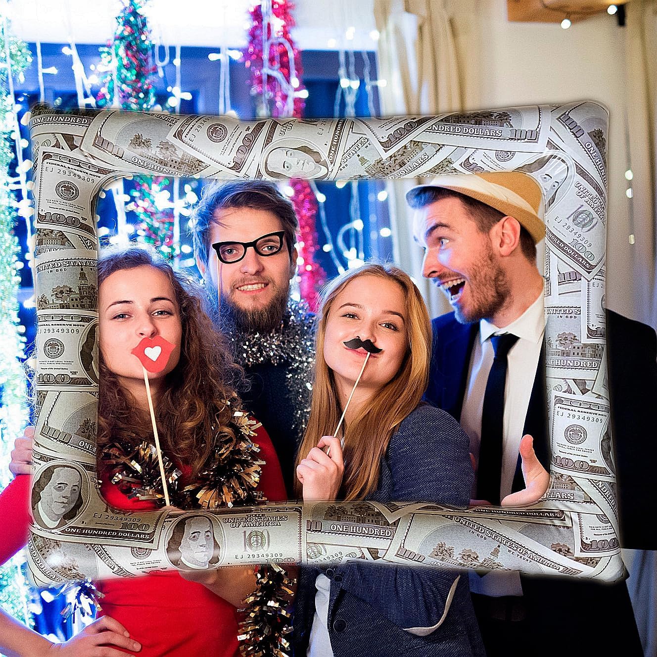 Bill Dollar Inflatable Photo Booth Selfie Frame Props Giant Money Themed Party Blow Up Picture Frame for Birthdays Casino Weddings Bachelorette Retirement Graduations Party Decorations
