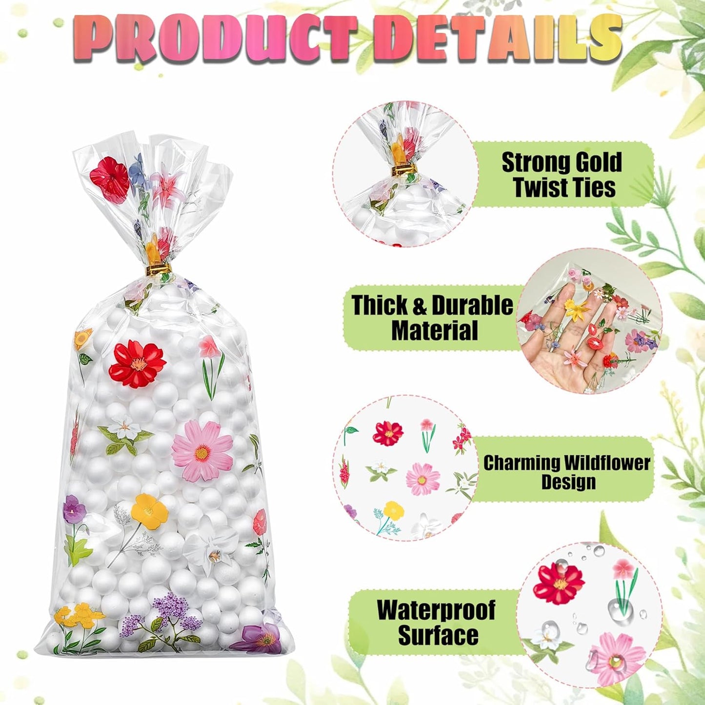 Soarvita Wildflower Cellophane Treat Bags: 50Pack Clear Plastic Floral Goodie Bags with 60 Ties for Cookies Snacks & Gift Packaging, Spring Candy Bag for Baby Bridal Shower Wedding Party Favors