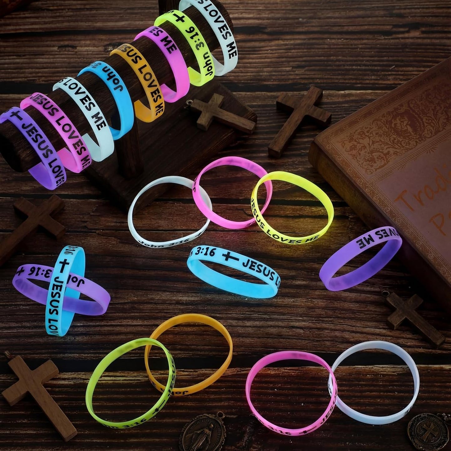 Tondiamo 60 Pcs Vbs 2026 Glow in The Dark 8'' Christian Wristbands Bulk, John 3:16 Bible Verse Luminous Bracelet with Scripture Words Christian Gift for Missionaries Religious Church (Stylish)