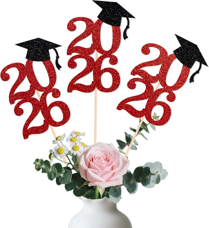 Class of 2026 Graduation Centerpieces, 10 Pcs Gold Glitter 2026 Centerpieces with Graduation Cap, Congrats Grad Party Decorations for Cake, Dessert & Centerpieces