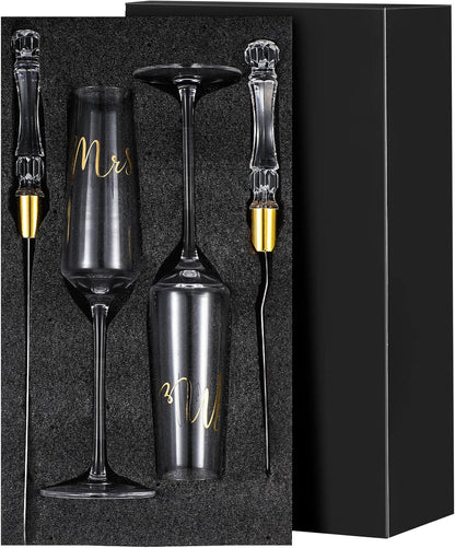 Boao 4 Pieces Wedding Toasting Flutes and Cake Server Set Wedding Reception Supplies Champagne Glasses Cake Knife Pie Server (Gold,Classic)
