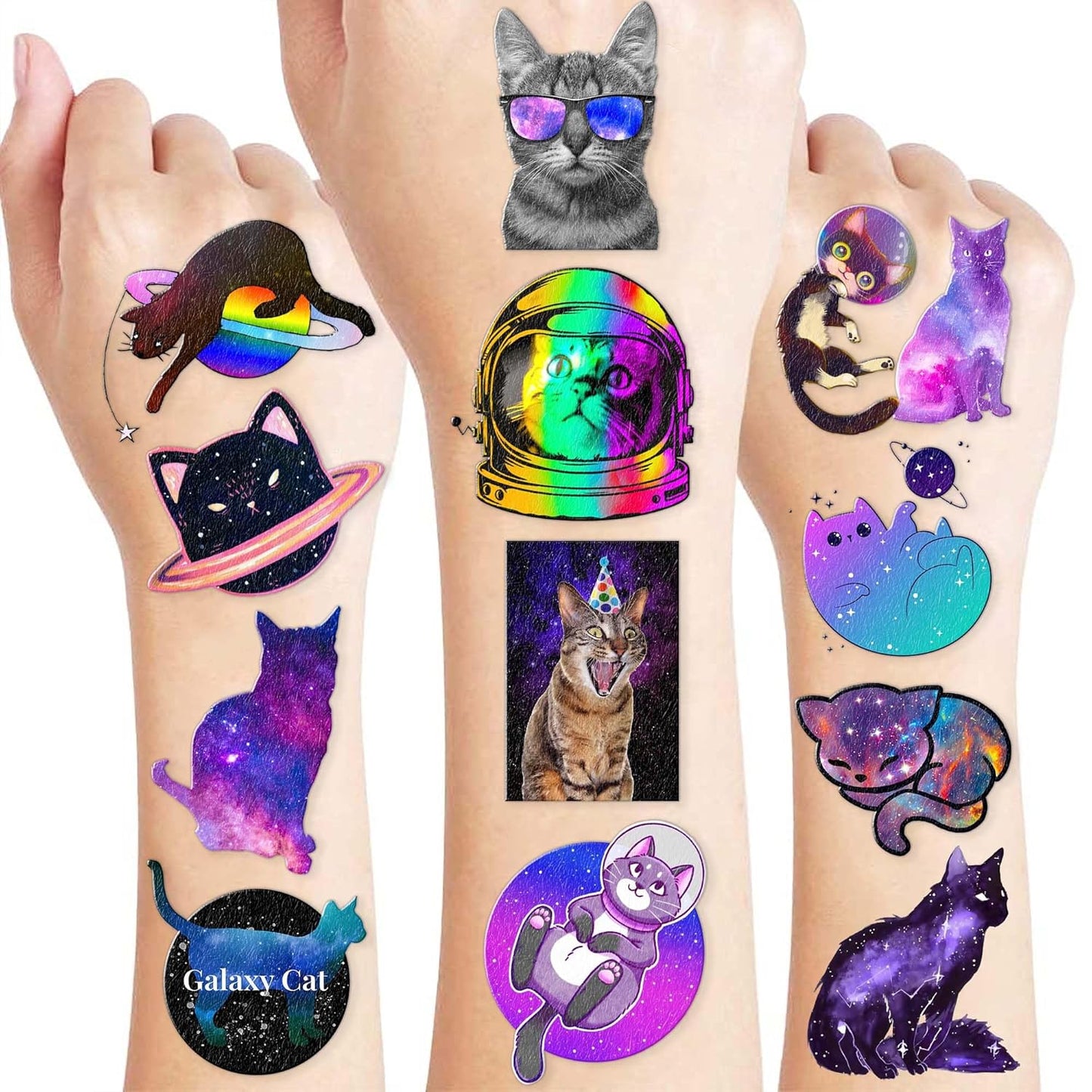 96 PCS Funny Space Cat Temporary Tattoos Themed Birthday Party Decorations Supplies Favors Decor Cute Galaxy Cats Astronaut Star Tattoo Stickers Gifts For Kids Girls Boys School Prizes Carnival