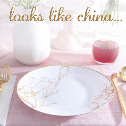 PLASTICPRO [16 OZ 20 Count] White Plastic Floral Design Party Soup bowls With Gold Rim Premium heavyweight Elegant Disposable Tableware Dishes