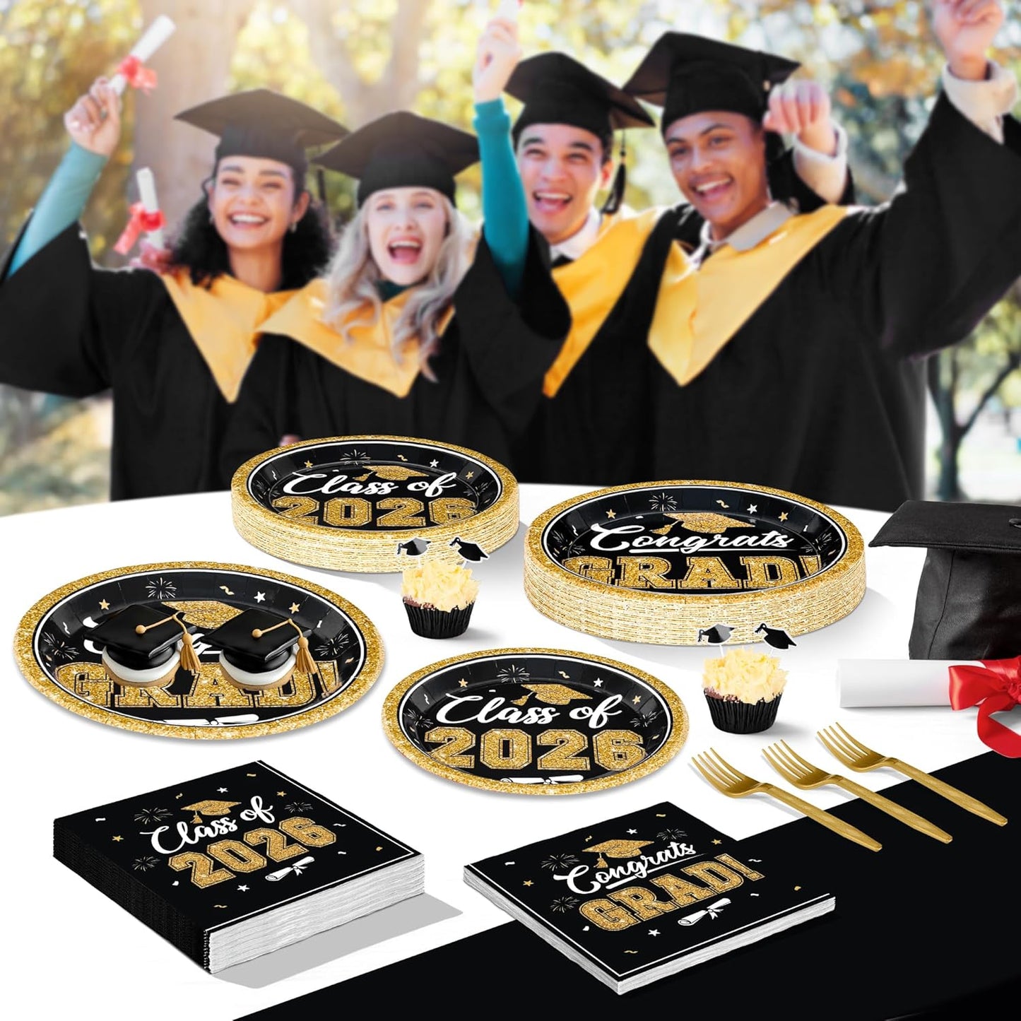 200Pcs Graduation Decorations 2026, Blue Graduation Plates and Napkins Party Supplies for 50 Guests, Disposable Grad Plates, Napkins, Dessert Plates and Forks for Grad Decor Wedding Birthday Supplies