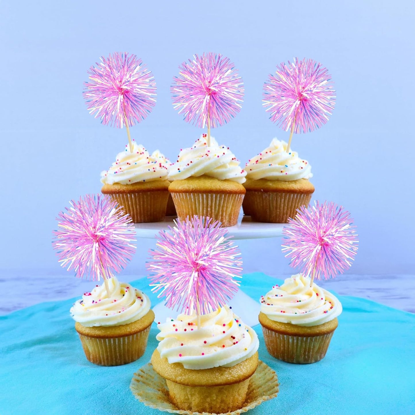 Ephlyn 30Pcs Foil Firework Cupcake Toppers Sparkle Tinsel Cupcake Picks Drink Stirrers Cocktail Food Fruit Toothpicks for Baby Shower Graduation Party Supplies White