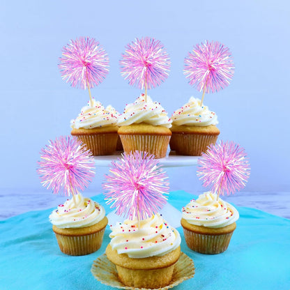Ephlyn 30Pcs Foil Firework Cupcake Toppers Sparkle Tinsel Cupcake Picks Drink Stirrers Cocktail Food Fruit Toothpicks for Baby Shower Graduation Party Supplies White