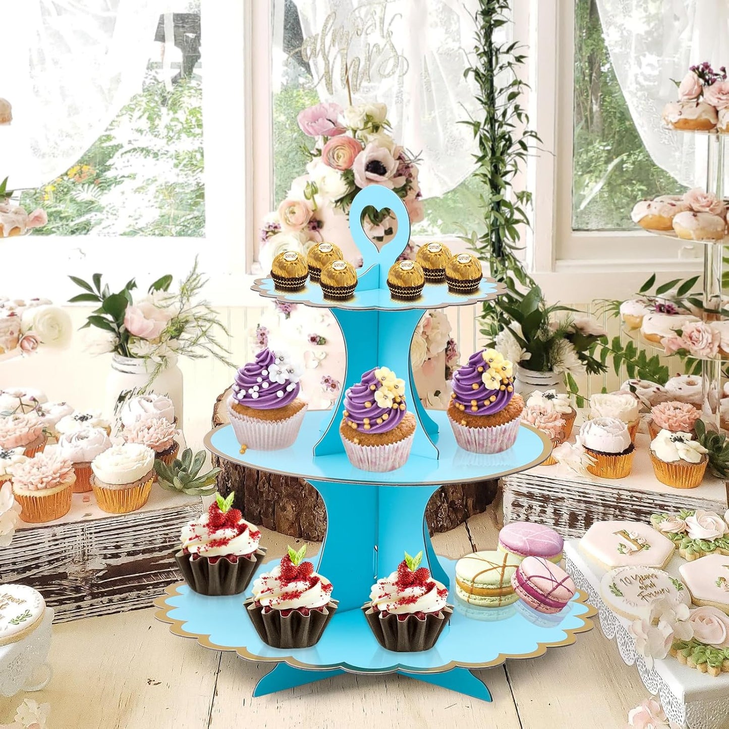 Soleebee 3-Tier Cupcake Stand, Cardboard Cupcake Tower, Cup Cake Stand Tower for Birthday Wedding Party Decoration, Cupcake Tier Stand Desserts Display 1 Set (Purple Gold)