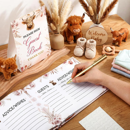Fuyoooo 27 Pcs Safari Animal Baby Shower Guest Book Set Baby Shower Sign in Guest Floral Book Place Table Cards with Gold Pen Adhesive Photo Corner for Birthday Party
