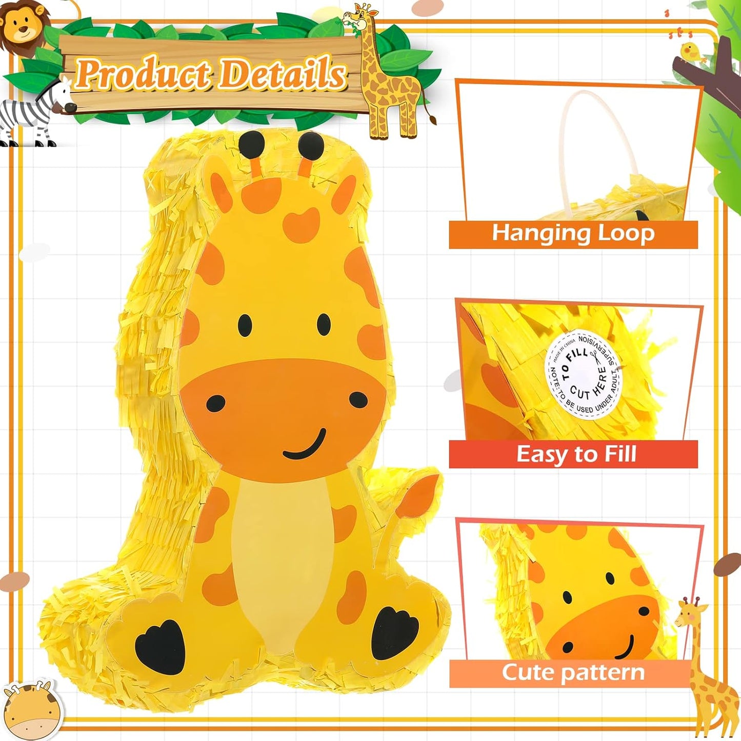 Sratte Piñata Bundle with a Blindfold and Bat (16 x 12 x 3 Inches), Cute Animal Piñata for Birthday Party Toys Decoration for Animal Theme Birthday Party Game Supplies Photo Prop(Giraffe)