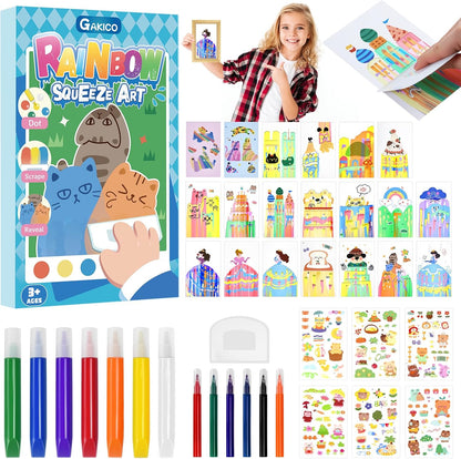 GAKICO Rainbow Scratch Art for Kids: Creative Squeegee Painting Kits, Rainbow Scratch Paper Art Set, Squeeze Magic Reveal Craft Kits, DIY Postcards Party Favors Novelty Gifts for Girls Boys