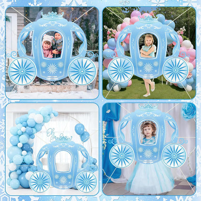 Snowflake Princess Carriage Photo Prop Background Winter Wonderland Selfie Frame Photography Blue Carriage Backdrop Banner 63" Fairy Tale Photo Booth for Winter Snow Holiday Birthday Party Decoration