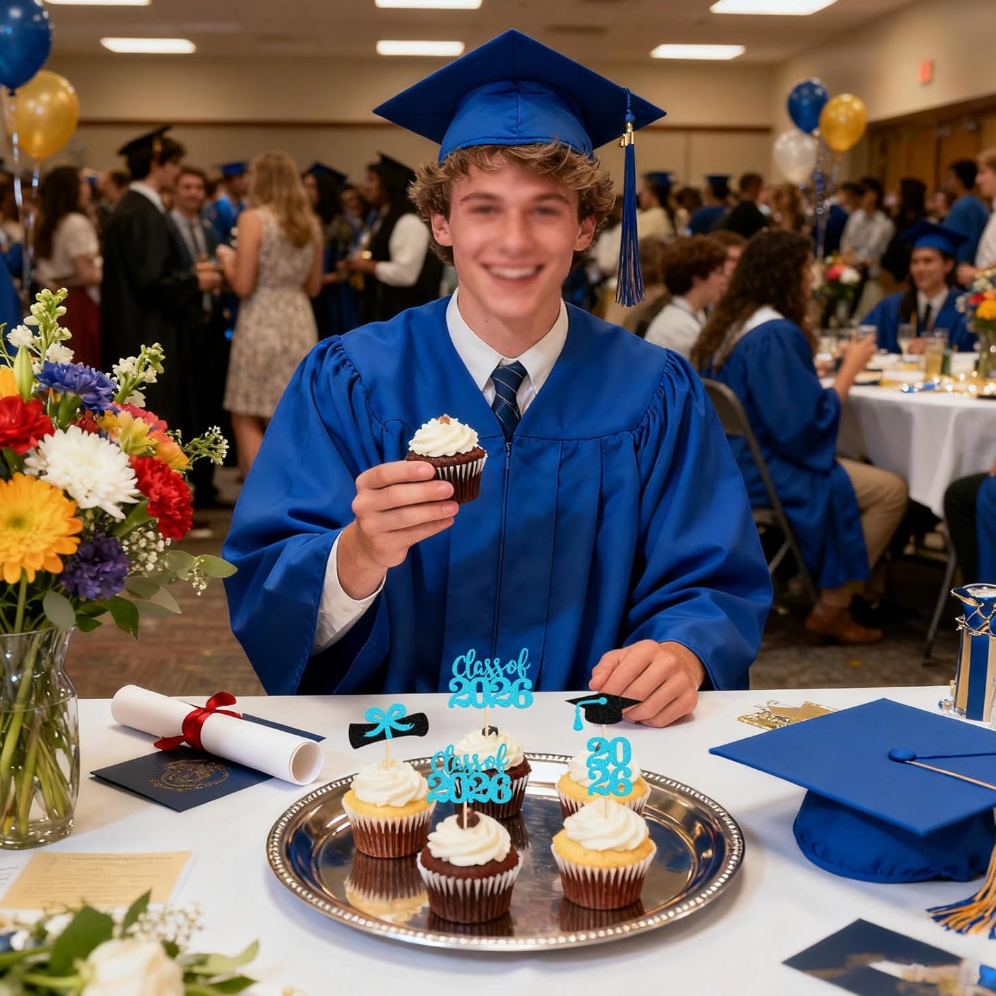 36 PCS 2026 Graduation Theme Cupcake Toppers Glitter Class of 2026 Grad Cap Diploma Cupcake Picks 2026 Graduation Theme Party Cake Decorations Supplies Deep Blue