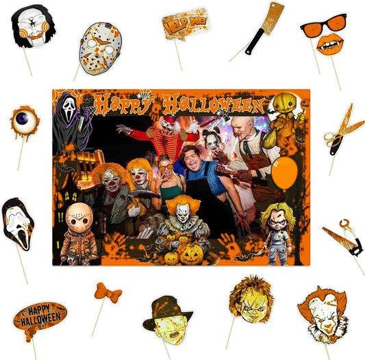 Taeku Halloween Photo Booth Props Kit – 16 Pcs Selfie Frame & Party Photo Props for Kids & Adults, Pumpkin Bat Ghost Designs for Halloween Birthday Decorations (Orange)