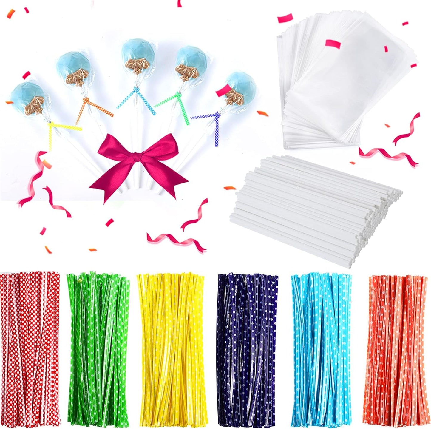 300Pcs 6 Inch(4MM DIA) Cake Pops Sticks,Lollipop Sticks, Cake pop Bags and Wrappers Chocolates and Cookies Set Including 100 Parcel Bags, 100 Papery Treat Stick, 100 Colorful Metallic Twist Ties