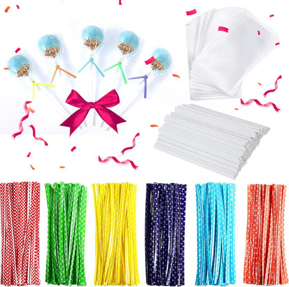 300Pcs 6 Inch(4MM DIA) Cake Pops Sticks,Lollipop Sticks, Cake pop Bags and Wrappers Chocolates and Cookies Set Including 100 Parcel Bags, 100 Papery Treat Stick, 100 Colorful Metallic Twist Ties
